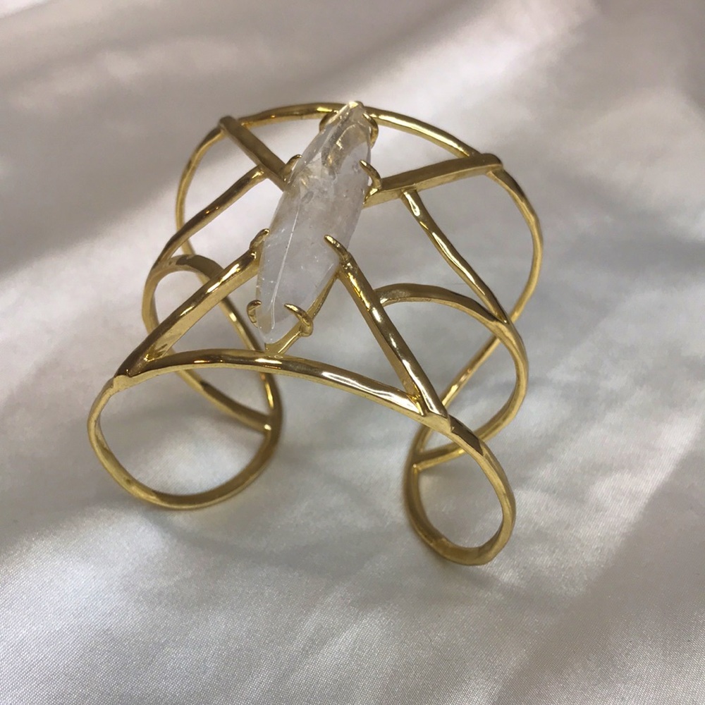 ⭐️ Semi Precious Gold & Clear Quartz Crystal Cuff Bracelet Bangle